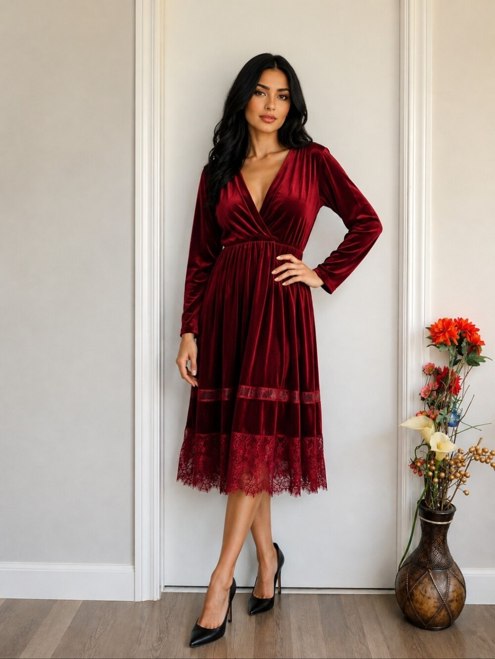 Burgundy Velvet Boho Dress Lace Trim Hemline Long Sleeve Empire Waist Midi Dress
